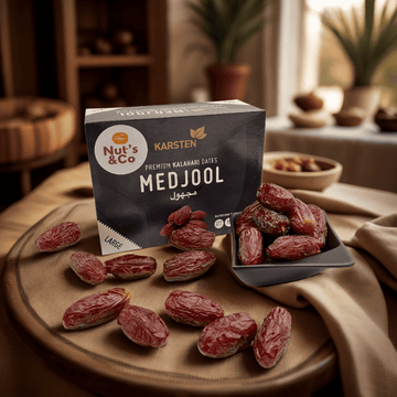 Bol de dattes Medjool à côté d’un paquet avec une étiquette NutsAndCo contenant des dattes Medjool, avec des dattes étalées par terre.