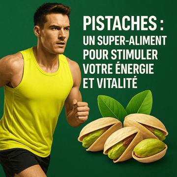 Sportif en tenue jaune courant sur fond vert avec des pistaches fraîches au premier plan, illustrant les bienfaits énergétiques des pistaches pour la vitalité.