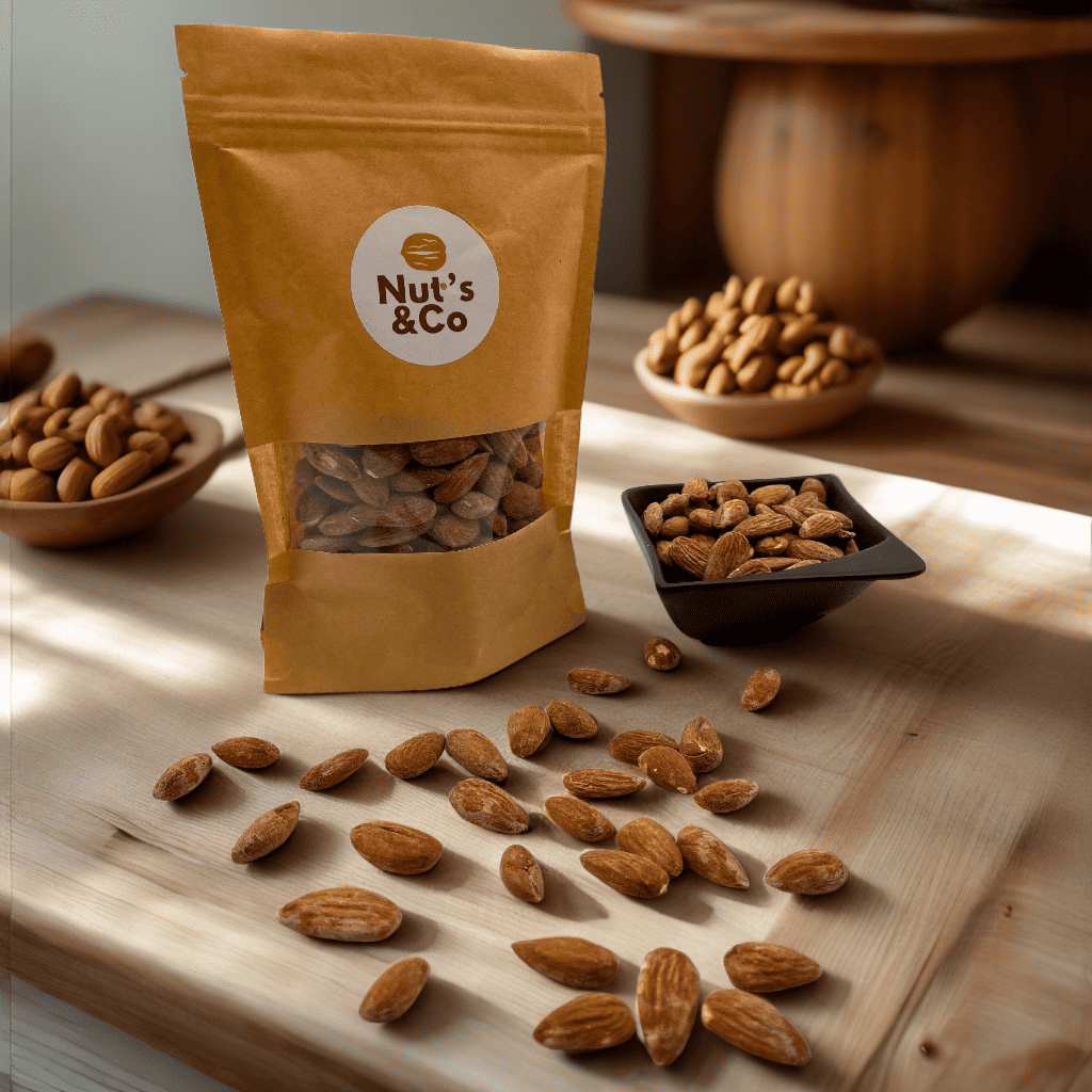 Bol d'amandes grillées salées à côté d’un paquet avec une étiquette NutsAndCo contenant des amandes grillées salées, avec des amandes étalées par terre.