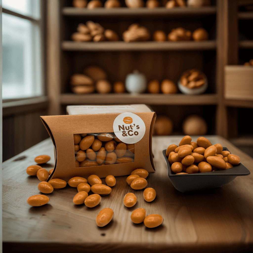 Bol d'amandes au caramel salé à côté d’un paquet avec une étiquette NutsAndCo contenant des amandes au caramel salé, avec des amandes étalées par terre.