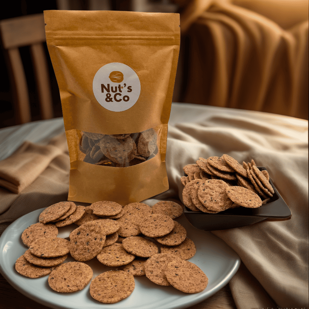 Bol de crackers au poivre à côté d’un paquet avec une étiquette NutsAndCo contenant des crackers au poivre, avec des crackers étalés par terre.