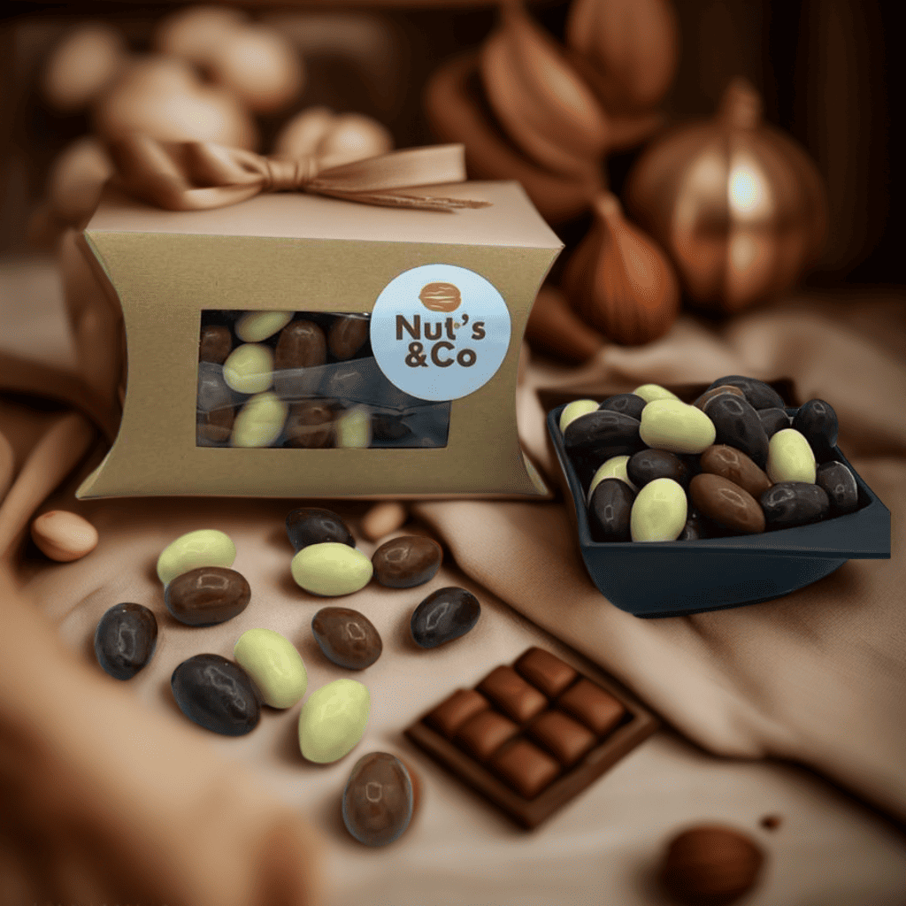 Bol de mix amandes au chocolat à côté d’un paquet avec une étiquette NutsAndCo contenant des amandes au chocolat, avec des amandes au chocolat étalées par terre.